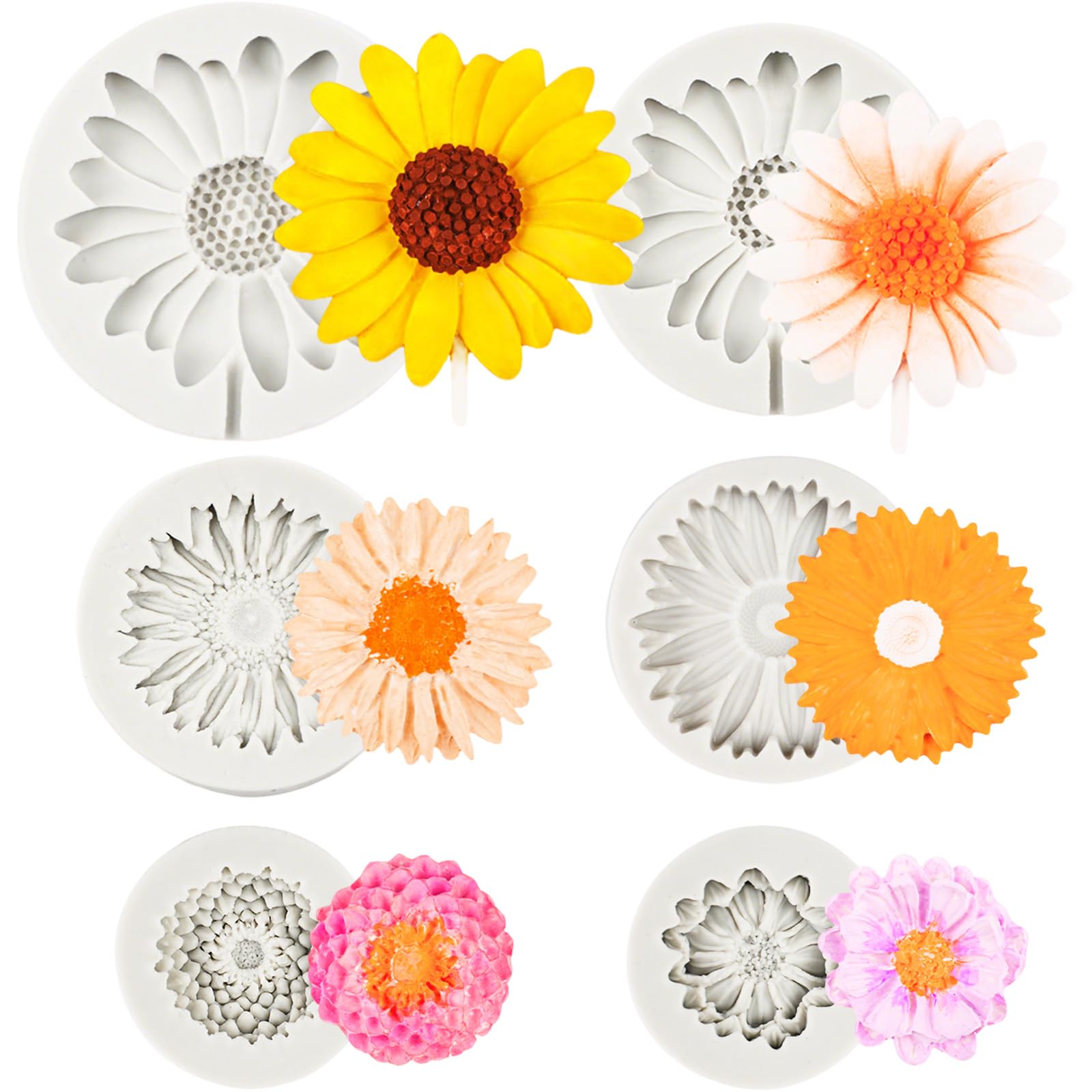 6PCS Flower Silicone Moulds, Flower Fondant Moulds for Cake Decorating, Daisy Sunflower Chocolate Candy Soap Candle Resin Polymer Clay Moulds for Crafting