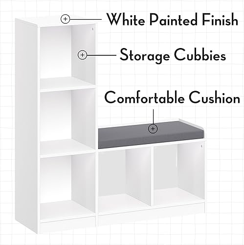 Miniatura 14 de RiverRidge Banco organizador de juguetes para niños con 5 puntos de cubo, 2 contenedores de tela verde oliva y asiento acolchado para rincón de