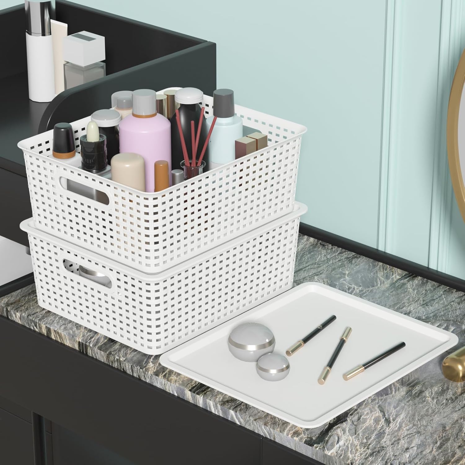 Hespama 6-Pack Plastic Weave Storage Basket with Lid, Stackable Organizer Basket, White