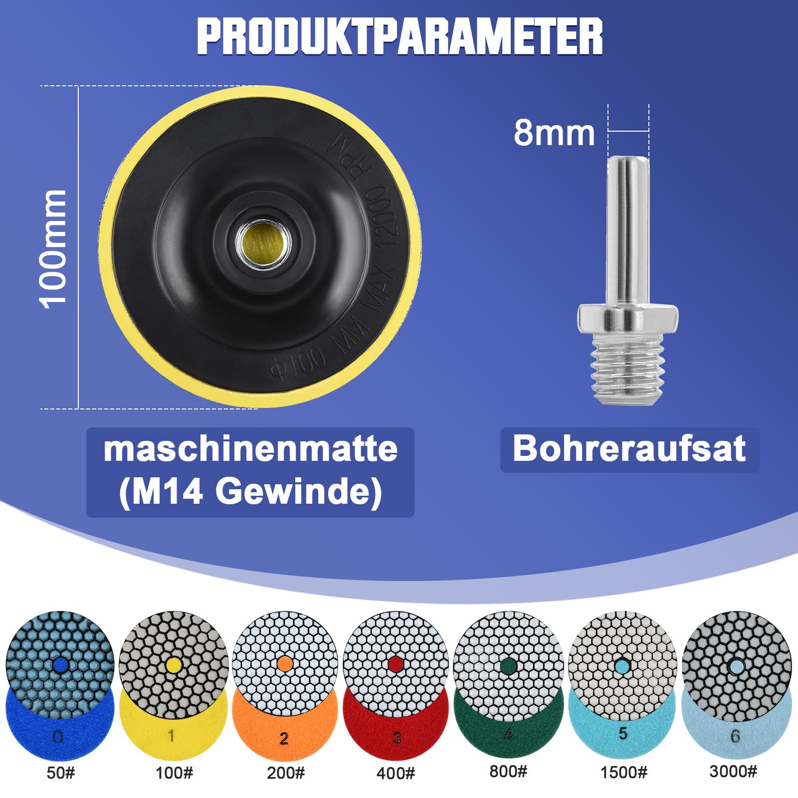 100 mm sucha diamentowa tarcza polerska, 9 sztuk, ziarnistość #50, #100, #200, #400, #800, #1500 i #3000, tarcze polerskie z talerzem podporowym M14, do szlifierek kątowych
