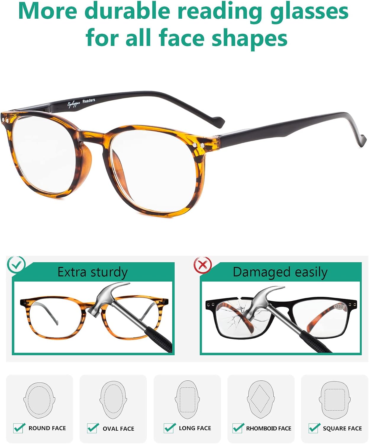 Eyekepper 5-Pack Spring Hinges 80's Classic Reading Glasses Amber +2.0