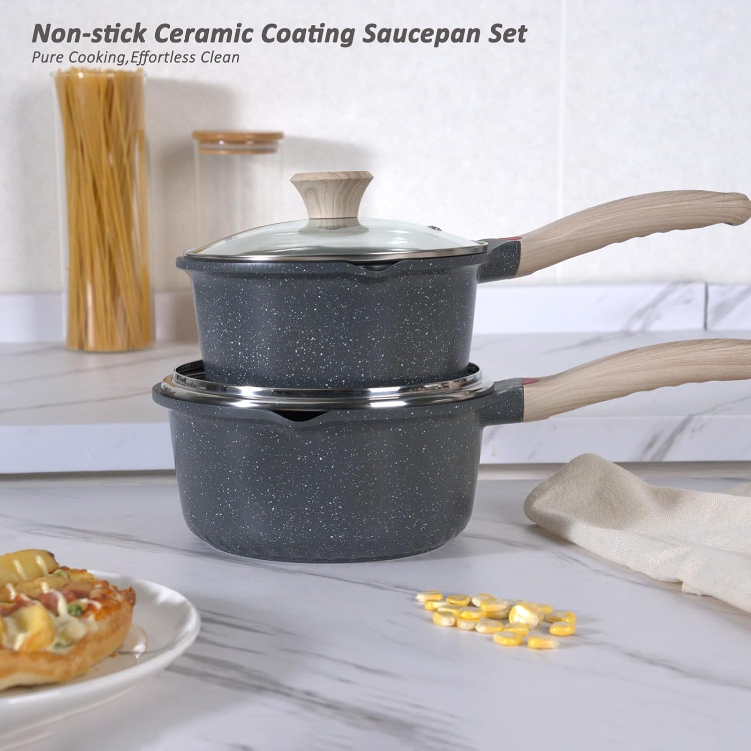 Ceramic Nonstick Saucepan Set 2QT and 3QT, Cast Aluminum Cooking Pots with Side Pour Spouts,Compatible with All Cooktops,Dishwasher Safe