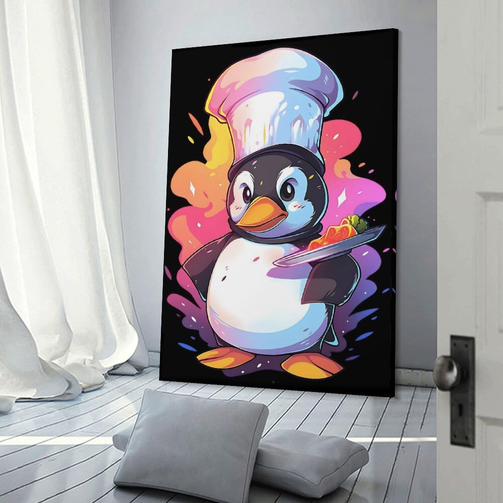 Junmoney Penguin Chef Canvas Wall Picture, 20x30inch(50x75cm), for Study, Office Or Apartment Decor, A Wall Art Gift for Fresh Interiors