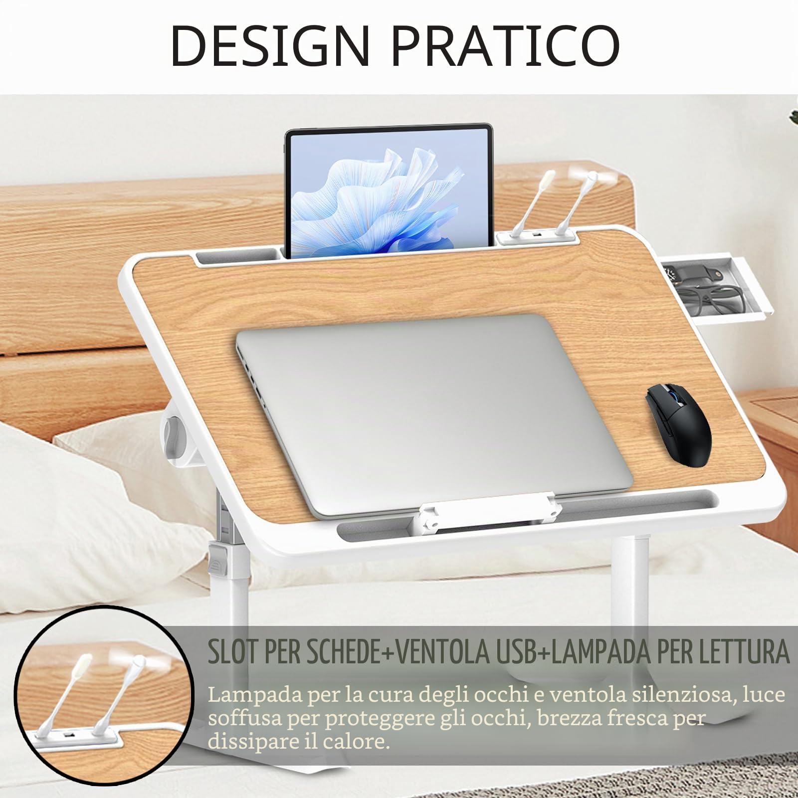Soontrans Tavolino da Letto 60x40cm, Vassoio da Letto con Cassetto e Supporto per Tablet, Regolabile in Altezza und Angolo, Pieghevole, Tavolo da Letto per Letto, Divano, Pavimento(Colore del Legno)