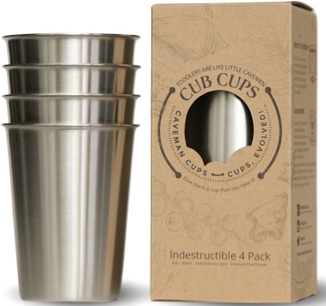 Caveman Premium Heavy Stainless Steel Cups For Kids & Toddlers. Safe Rimless 8oz 4Pack