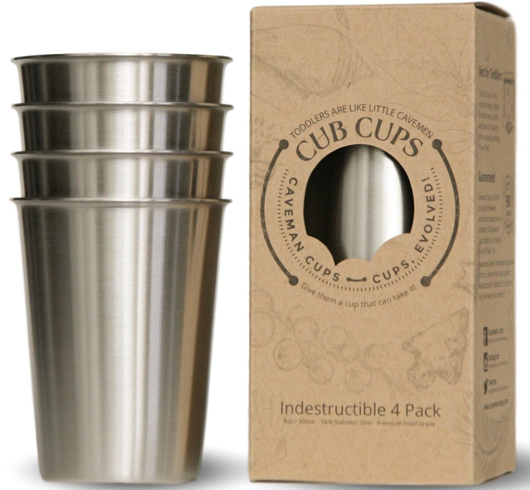 Caveman Premium Heavy Stainless Steel Cups For Kids & Toddlers. Safe Rimless 8oz 4Pack