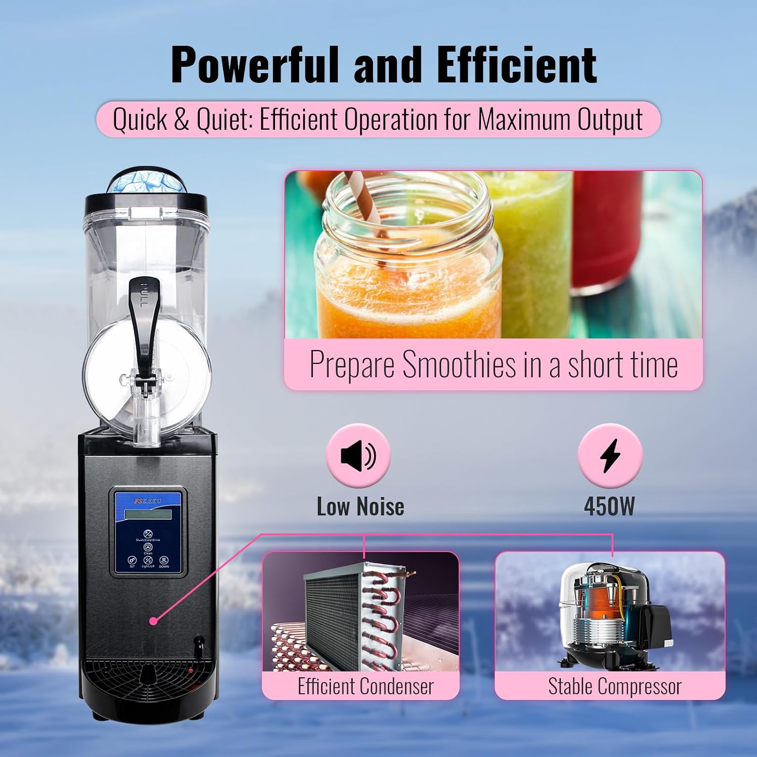 Illustration of the efficient condenser and stable compressor, highlighting low noise operation and 450W power.