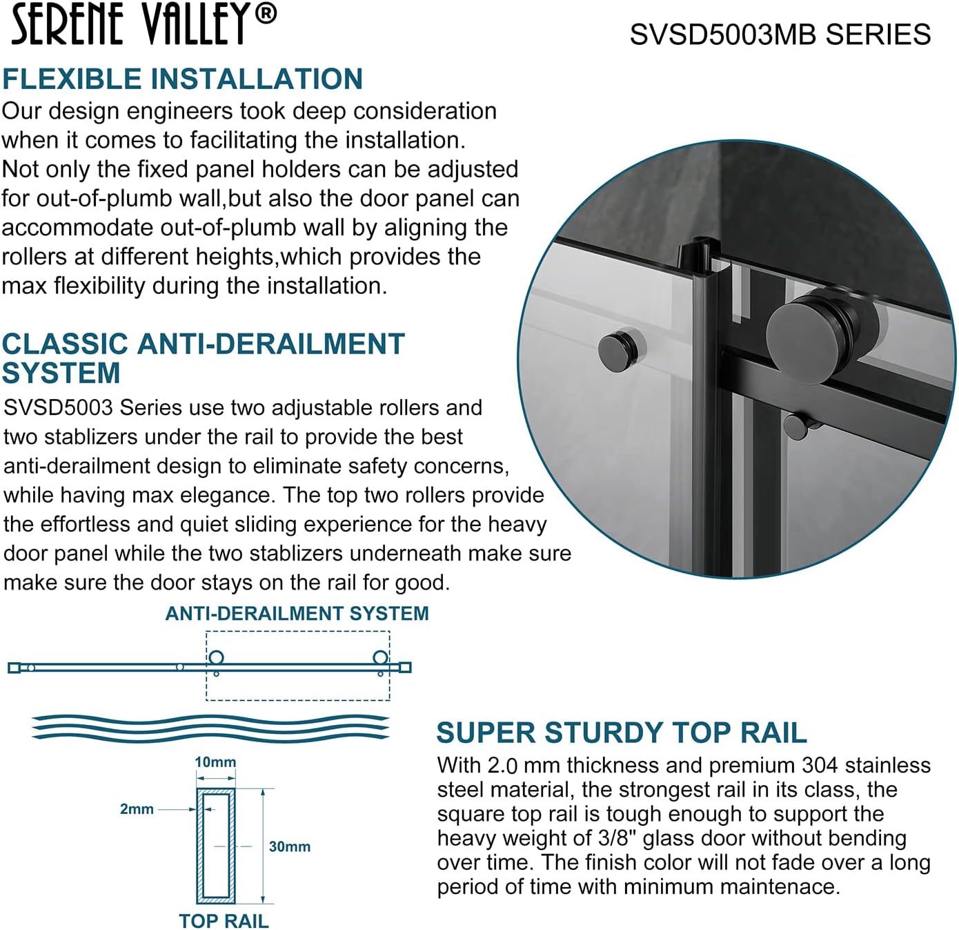 Serene Valley Square Rail Frameless Sliding Shower Door SVSD5003-4874MB, Easy-Clean Coating 3/8" Tempered Glass - 304 Stainless Steel Hardware in Matte Black 44"- 48" W x 74" H