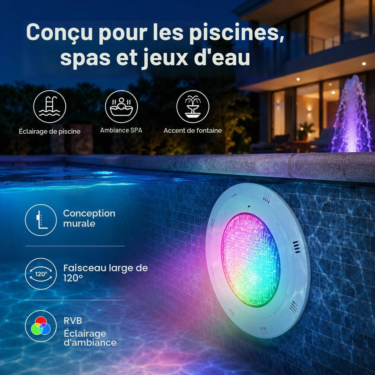 Projecteur Piscine LED RGB 45W, Lampe Piscine Étanche IP68 12V AC avec Télécommande, 460 LED 2500LM, Spot Sous-Marin pour Piscine, Bassin, Fontaine et Jardin