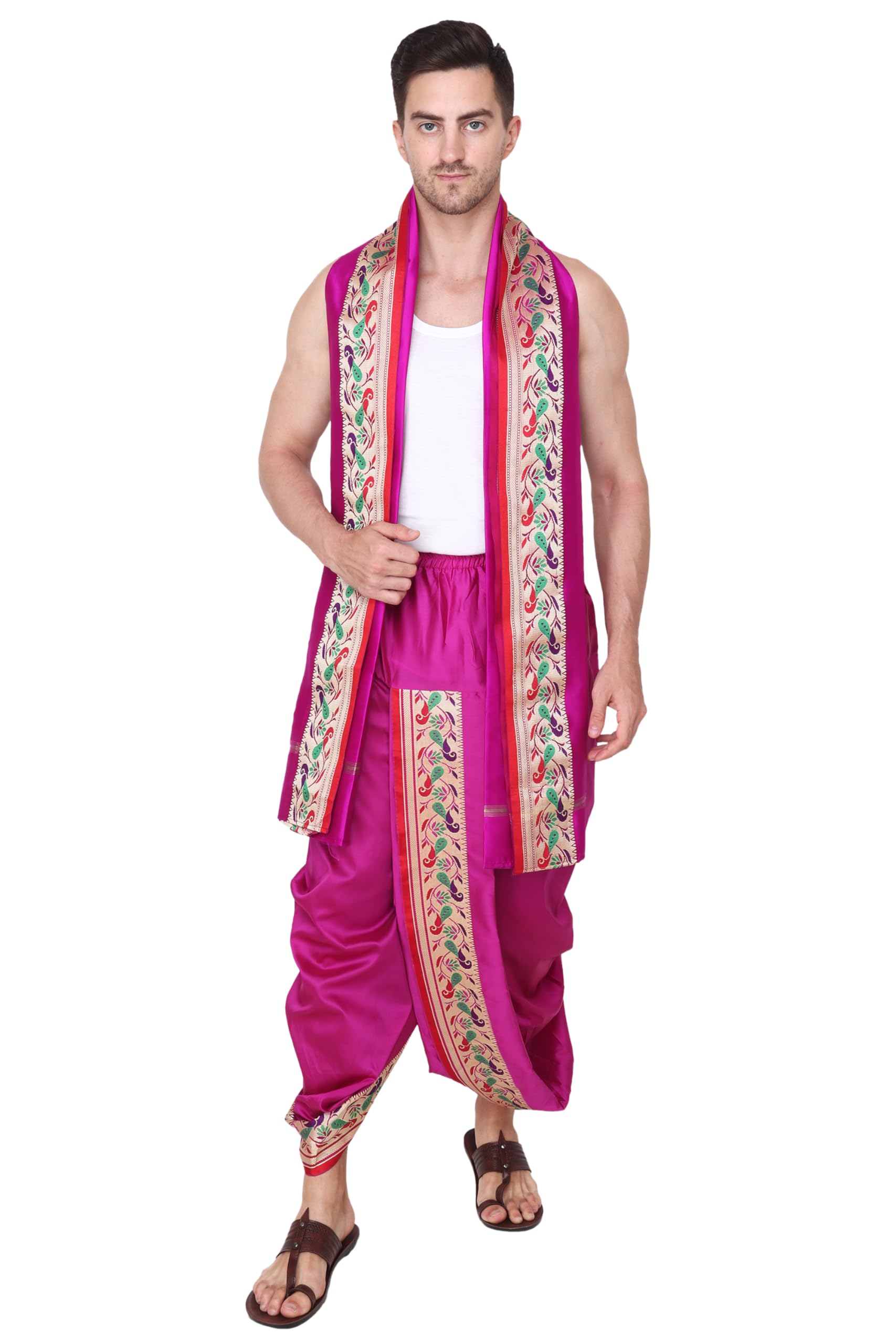Rameshwaram FabricsReadymade Dhoti for Men, Velcro Style Stitched Mens Silk Dhoti Pant Set, Free Size