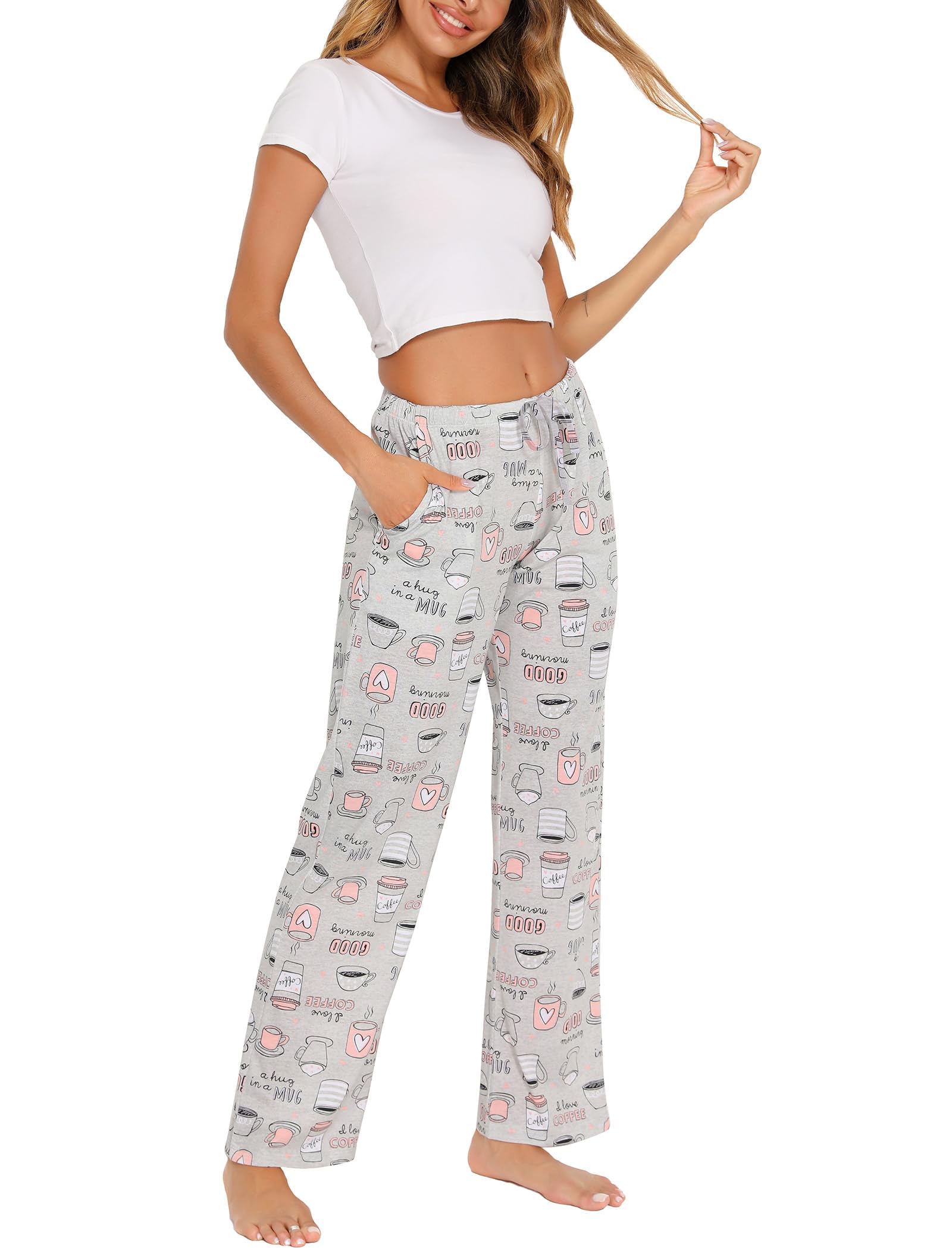 ENJOYNIGHT Pantalones de pijama cómodos de algodón para mujer, con bolsillos y cordón