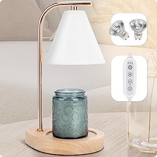 Candle Warmer Lamp with Retro Wooden Base - Home Decor Wax Melt for Small and Large Jar Candles, Candle Heater Lamp with 2 Bulbs, Dimmer and Timer Function-White
