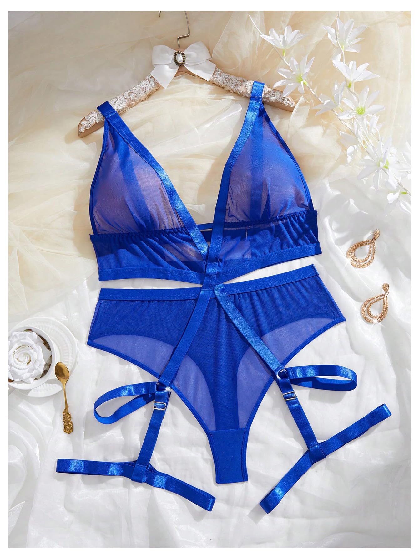 OYOANGLE Women's Plus Size One Piece Teddy Lingerie Sheer Mesh V Neck Garter Belt Babydoll Bodysuits