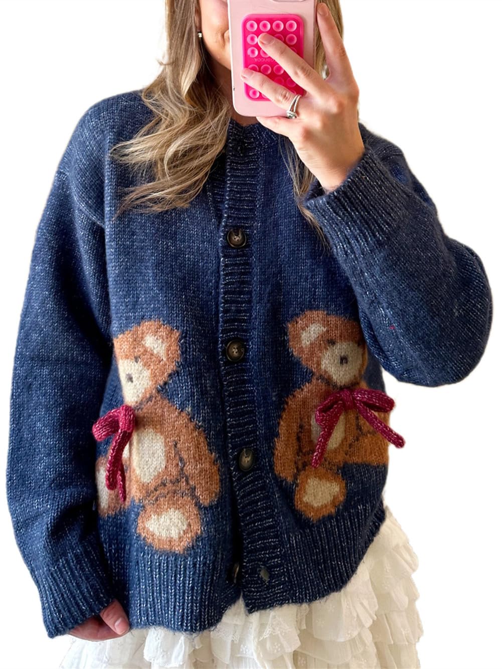 Women Cute Bow Bear Cardigan Sweaters Button Down Y2k Knitted Cardigans Casual Long Sleeve Knit Coats