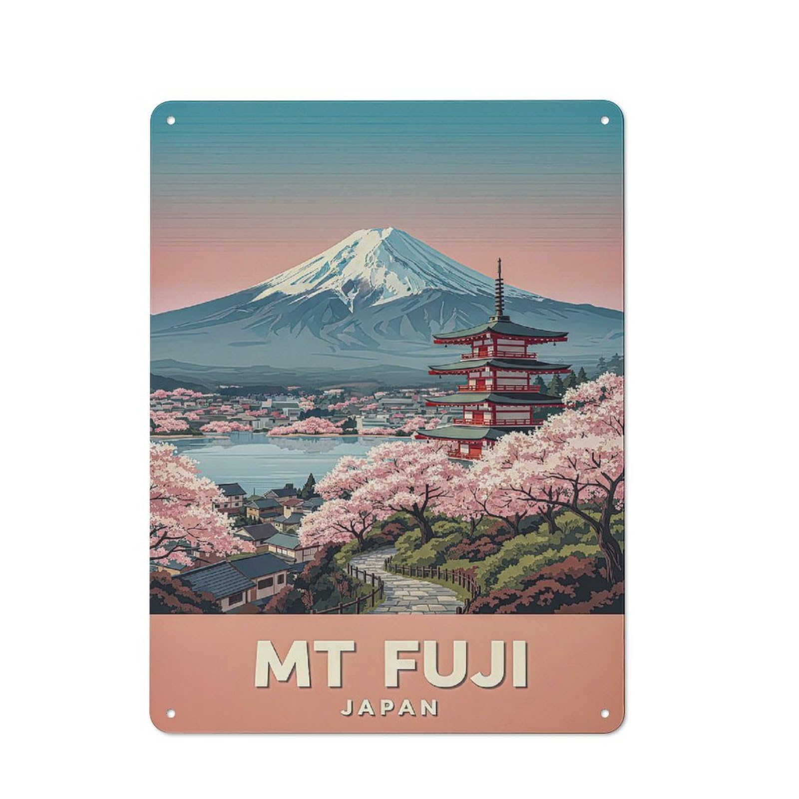 Junmoney Style-6 Metal Wall Sign 40X30cm Featuring Mt. Fuji With Pagoda And Cherry Blossoms For Café Or Home Bar, For Collectors Decorating Cafés And Home Bars