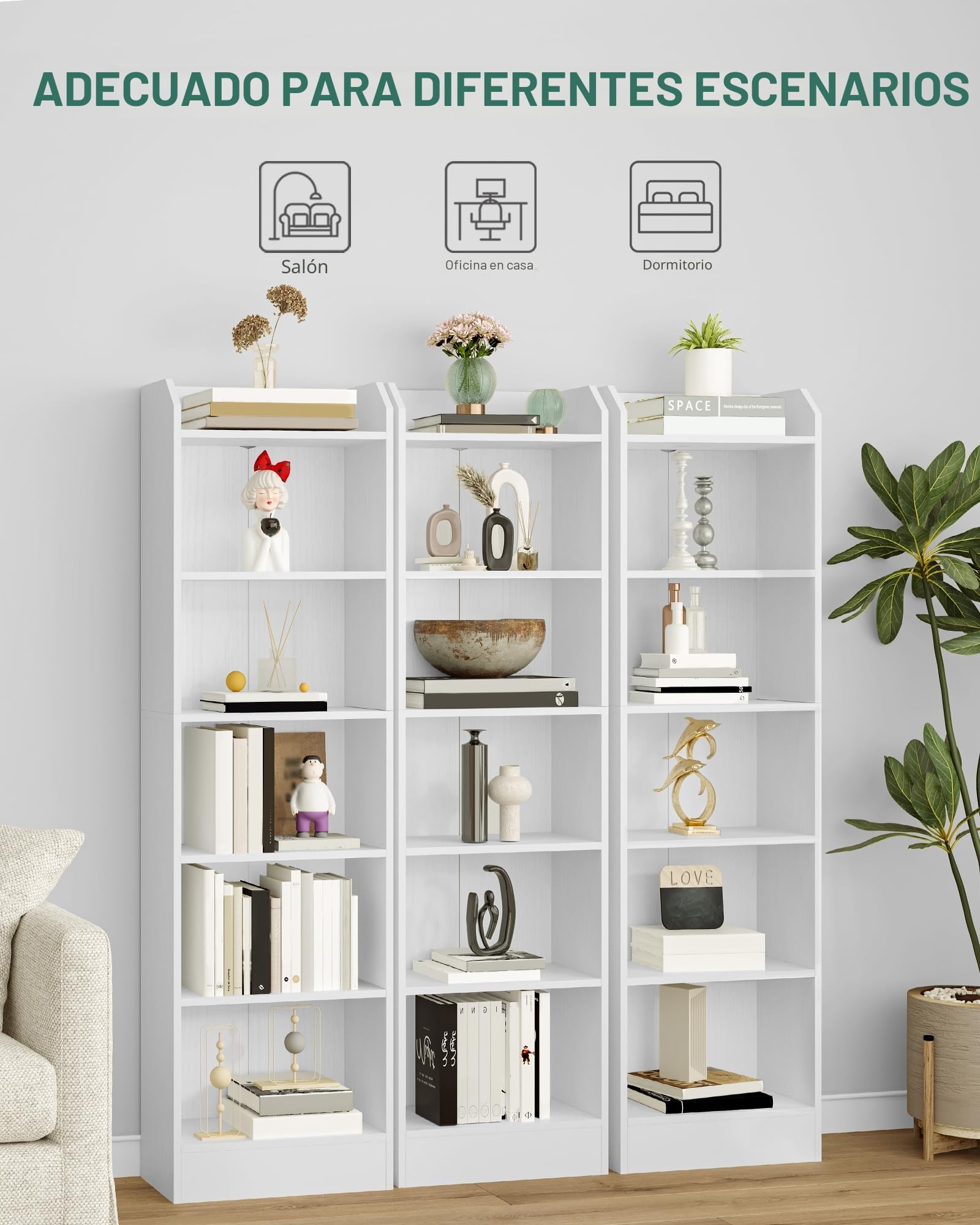 Hzuaneri Librería, Estantería Libros 6 Niveles, Estantería de Almacenaje, para Objetos de Colección, Paneles Ajustables, para Salón, Oficina, 24 x 48 x 170 cm, Blanco 02903XBC