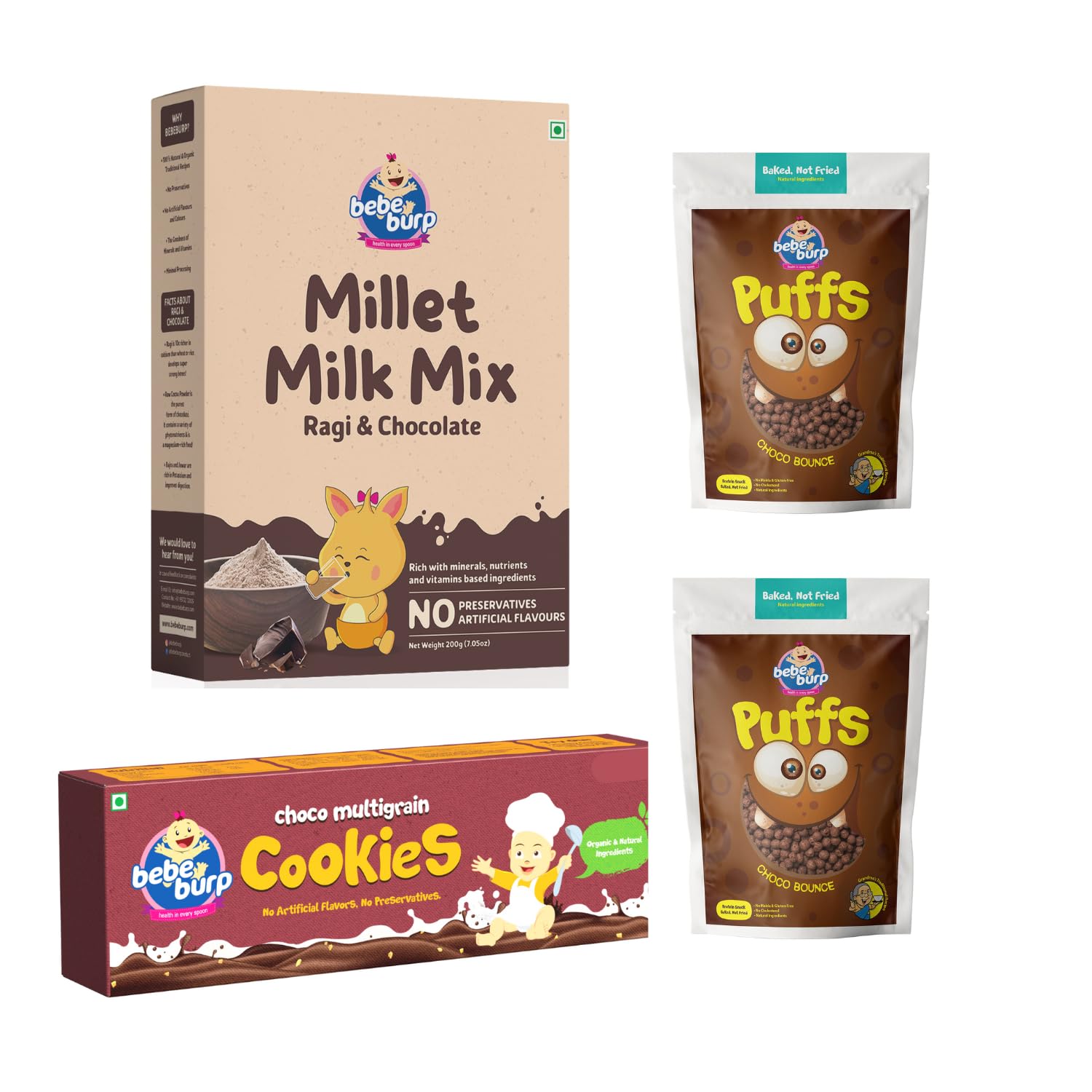 BE'BE' BURP- Millet Milk Mix | Ragi & Chocolate Drink Mix 200gm with Choco Cookie 150 gm and Choco Puff 35gm(Pack of 2)| No Preservatives No Artificial Flavours…