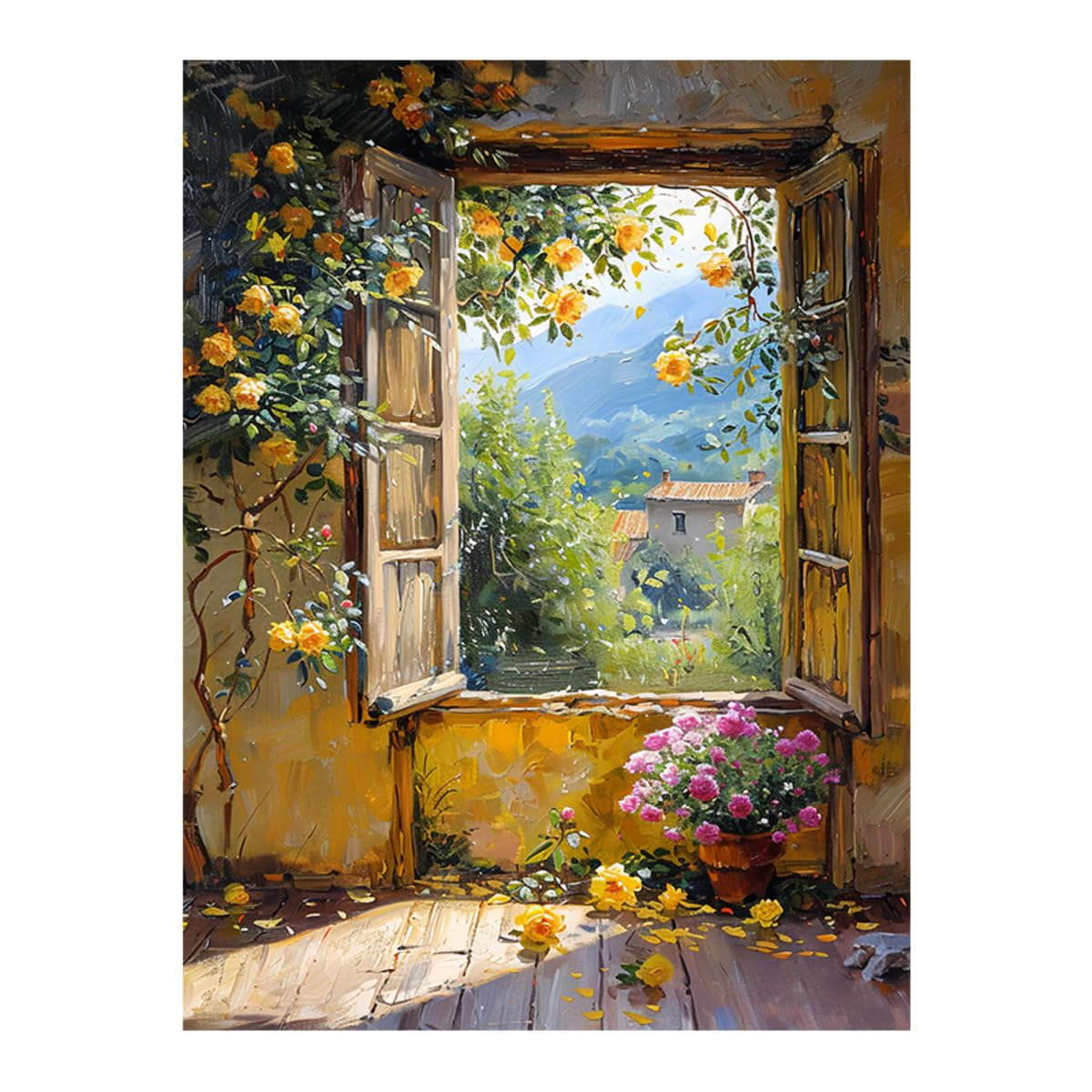 AIHNBF Rustic Window View Canvas Wall Art with Blooming Yellow Roses, Impressionist Landscape Scenery for Living Room & Bedroom Home Decor, Canvas 80 x 120 cm