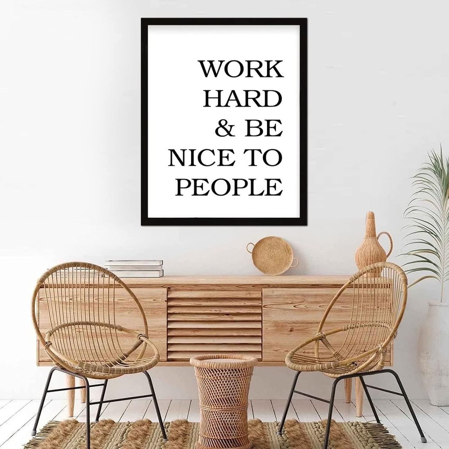 Vintage Style 16x20in Framed Wood Sign with Motivational Quote Work Hard and Be Nice to People Wall Hanging Black Frame Wooden Plaque for Washroom Farmhouse Garden Yard Porch Cottage Wall Decor
