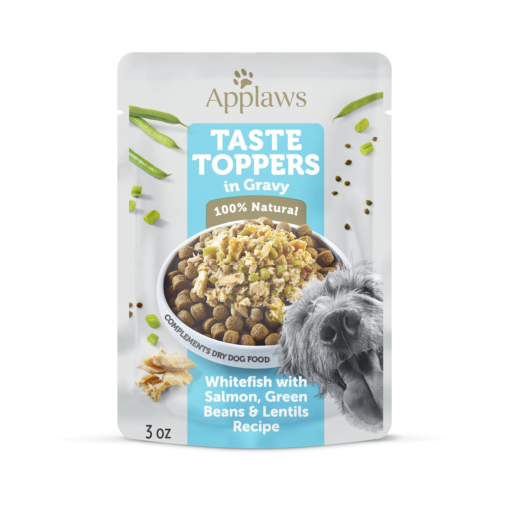 Applaws Taste Toppers, Limited Ingredient Dog Food Topper, Whitefish with Salmon, Green Beans & Lentils in Gravy (6 x 3oz Pouches)