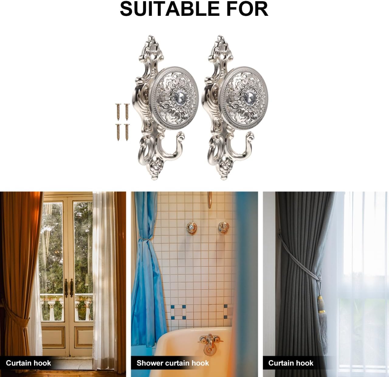 Rhinestone Curtain Pothooks Set 2Pcs Decorative Silver Alloy Curtain Hooks with Screws for Drapes Window Treatment and Home Decor 5.90X2.36X1.96In