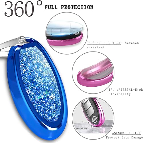 Miniatura 4 de QBUC Funda para llavero Nissan, 3, 4, 6 botones, con llavero, llavero de repuesto (azul brillante)