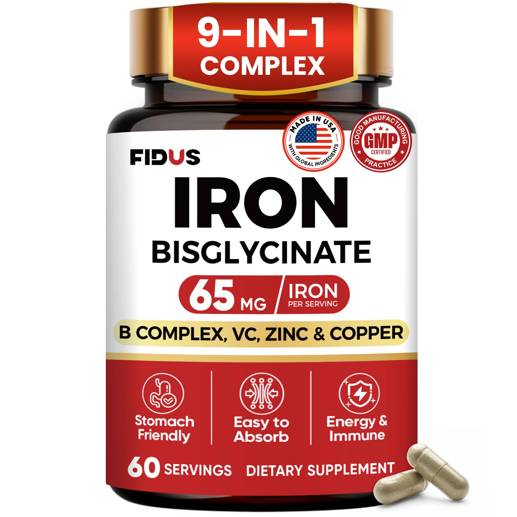 Iron Supplement for Women, 65mg Iron (Ferrous Bisglycinate 350mg), 60 Days 60 Count (Pack of 1) Iron Capsules