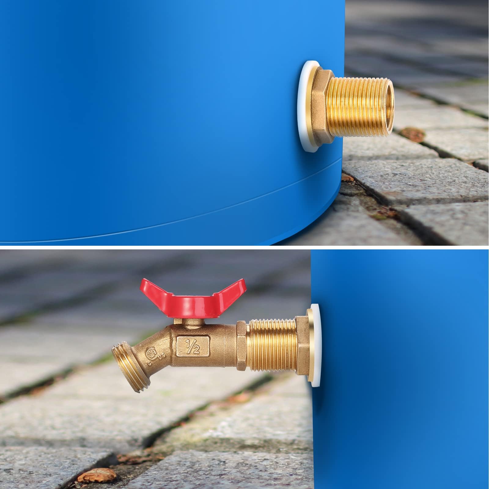 WADEO Regenfass Zapfhahn aus Messing, Regenfass, Vierteldrehung, Kugelhahn mit Schottkopf-Armatur, Regenfass-Anschluss-Set, mit zwei 30,5 cm Schläuchen und vier Messing-Schottank-Armaturen