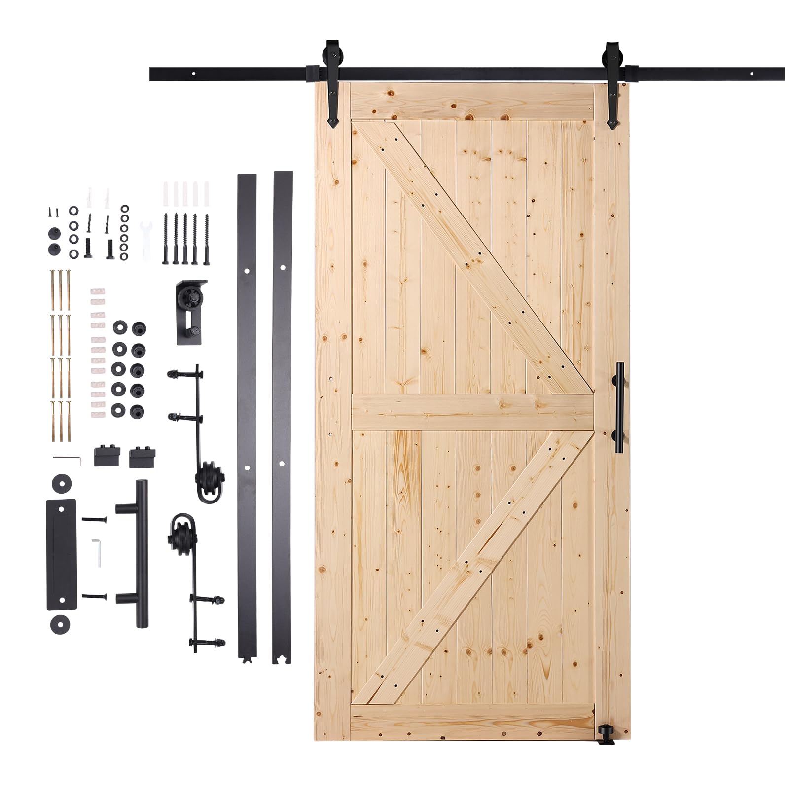 VEVOR Kit de Herrajes y Puerta de Granero Puerta Corrediza de Madera de 1066,8 x 2133,6 mm Kit de Puerta de Granero con Guía de Piso 8 en 1 y Manija de Puerta Losa con Paneles de Madera de Abeto