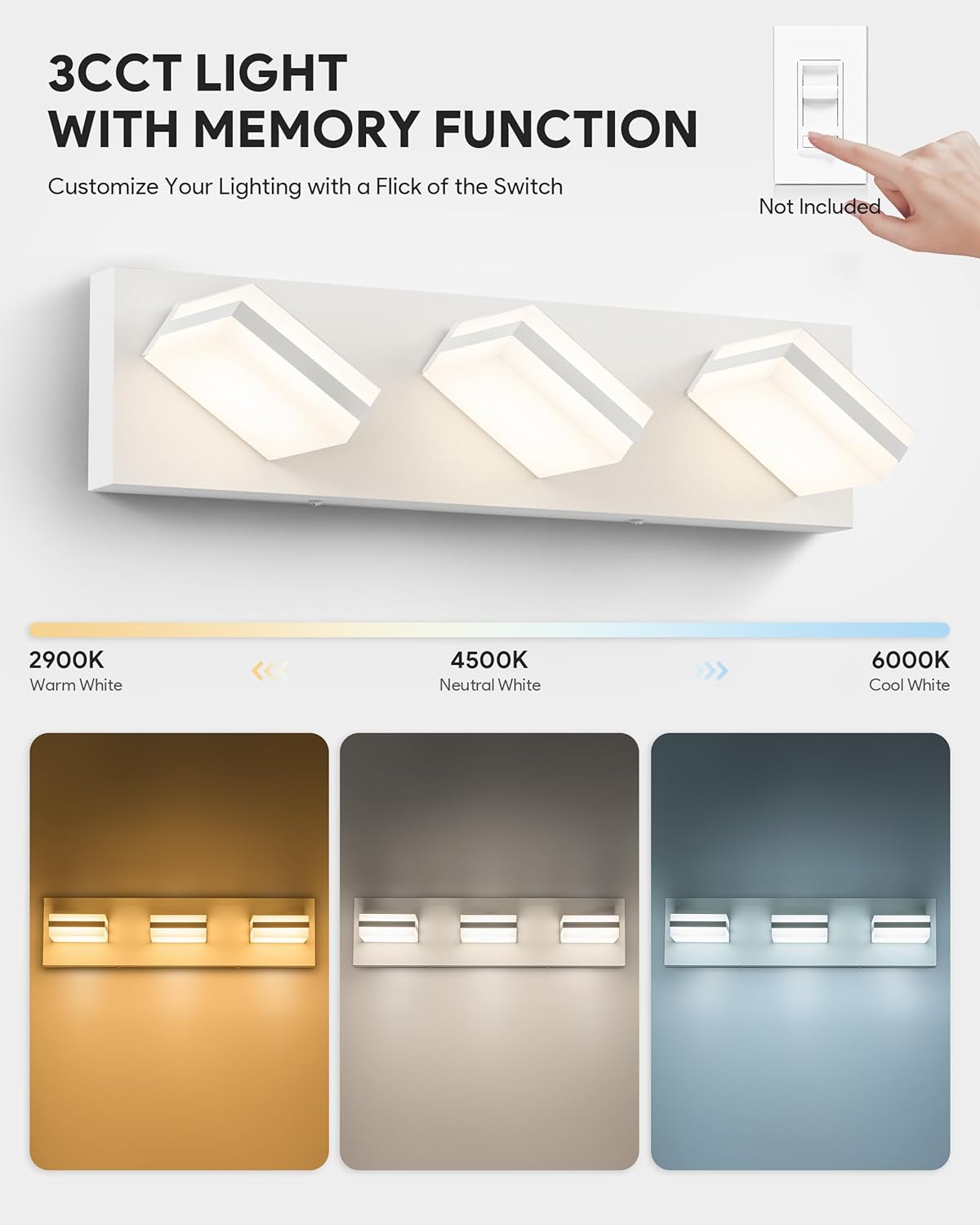 VONLUCE Bathroom Vanity Light Fixture, 3-Light Modern LED Vanity Lights, 3CCT Adjustable Bathroom Light with Memory Function Rotatable Shades, 18" Wall Lighting Fixture Over Mirror, Matte White