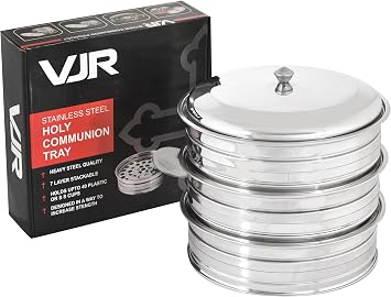 VJR Stainless Steel Communion Tray Set with Cover - Pack 3 Holds 120 Food-Grade Cups | Durable, Polished Church Communion Servingware for Worship Services