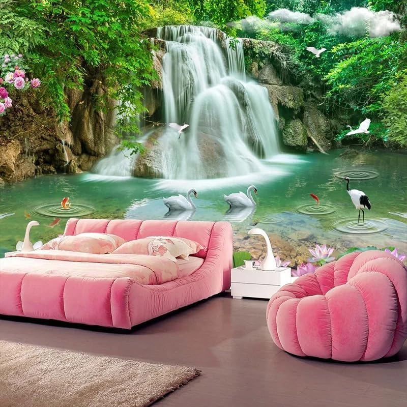Custom Waterfall River Wallpaper White Swan Green Tree Nature Photo Mural Landscape Wallpaper for Walls Home Decor Mural 10 Silk Fabric78"x 55"