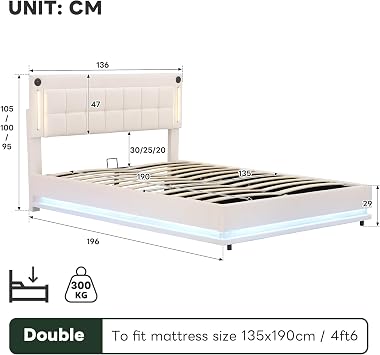 L-E-D Hydraulic Bed with Charging Station, Adjustable Square Tufted Headboard with Intelligent Control Light, Soft Velvet Bed Frame with USB and Type - C Ports (Beige, 135cm*190cm)