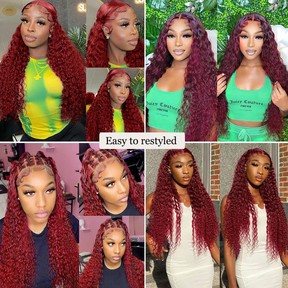 Burgundy Lace Front Wigs Human Hair 99j Deep Wave 13x4 Hd Lace Frontal Wigs for Black Women Human Hair Pre Plucked Deep Curly Wet and Wavy Red Colored (28 inch)