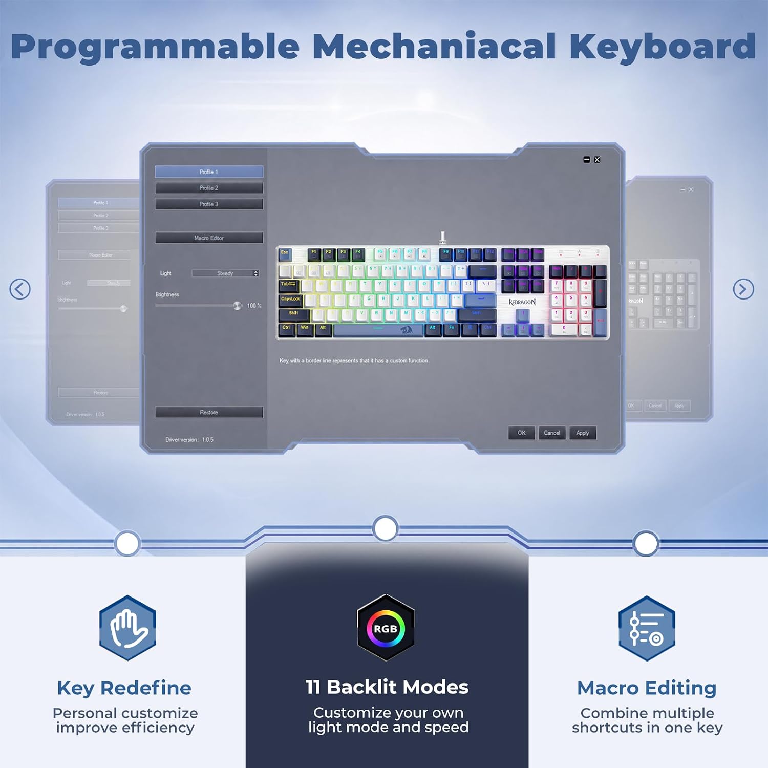 Redragon Mechanical Gaming Keyboard Wired, 11 Programmable Backlit Modes, Hot-Swappable Red Switch, Anti-Ghosting, Double-Shot PBT Keycaps, Light Up Keyboard for PC Mac, Blue 4 71j2LGHTcUL. AC SL1500