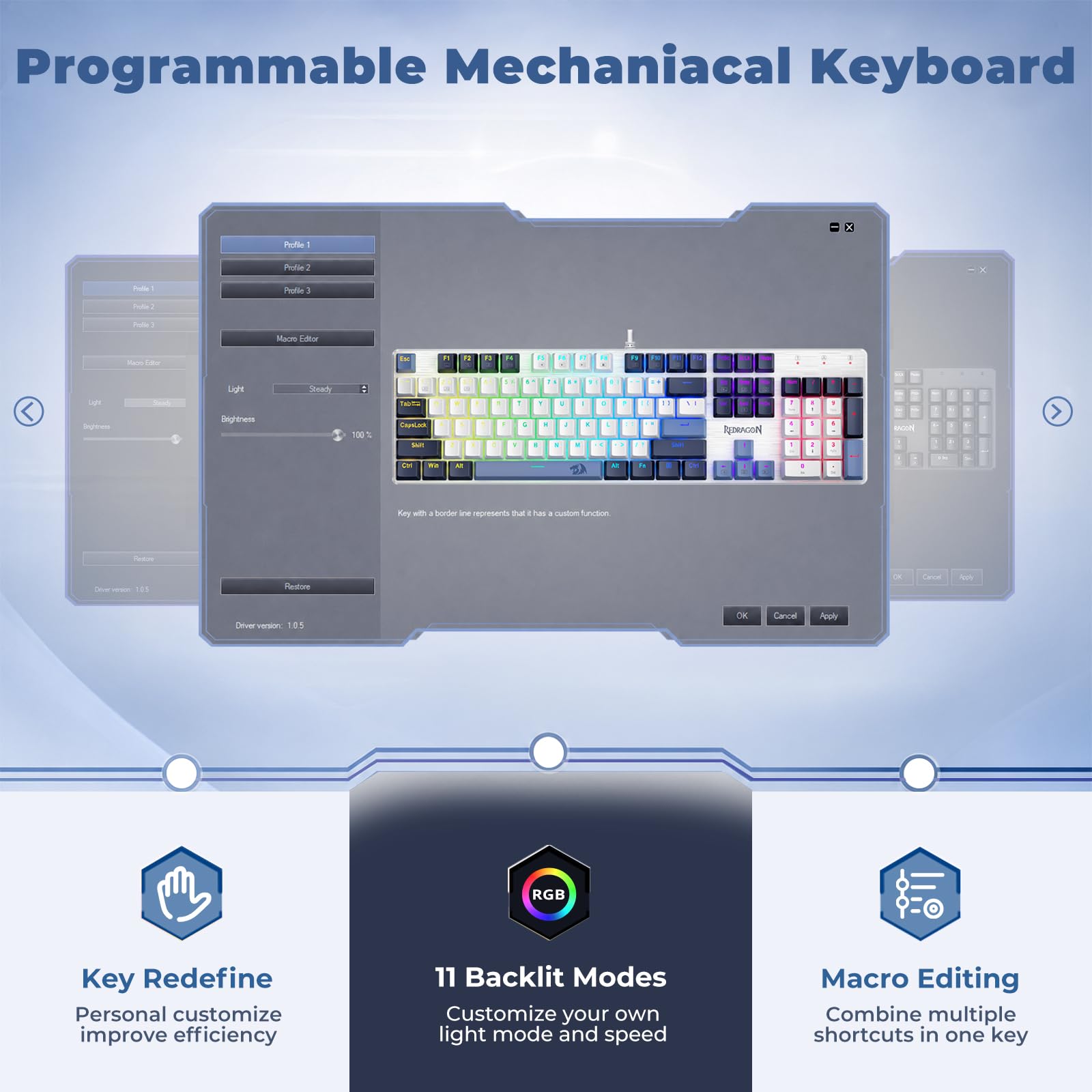 Redragon Teclado mecánico para juegos con cable, 11 modos retroiluminados programables, interruptor rojo intercambiable en caliente, antifantasma, teclas PBT de doble disparo, teclado iluminado para