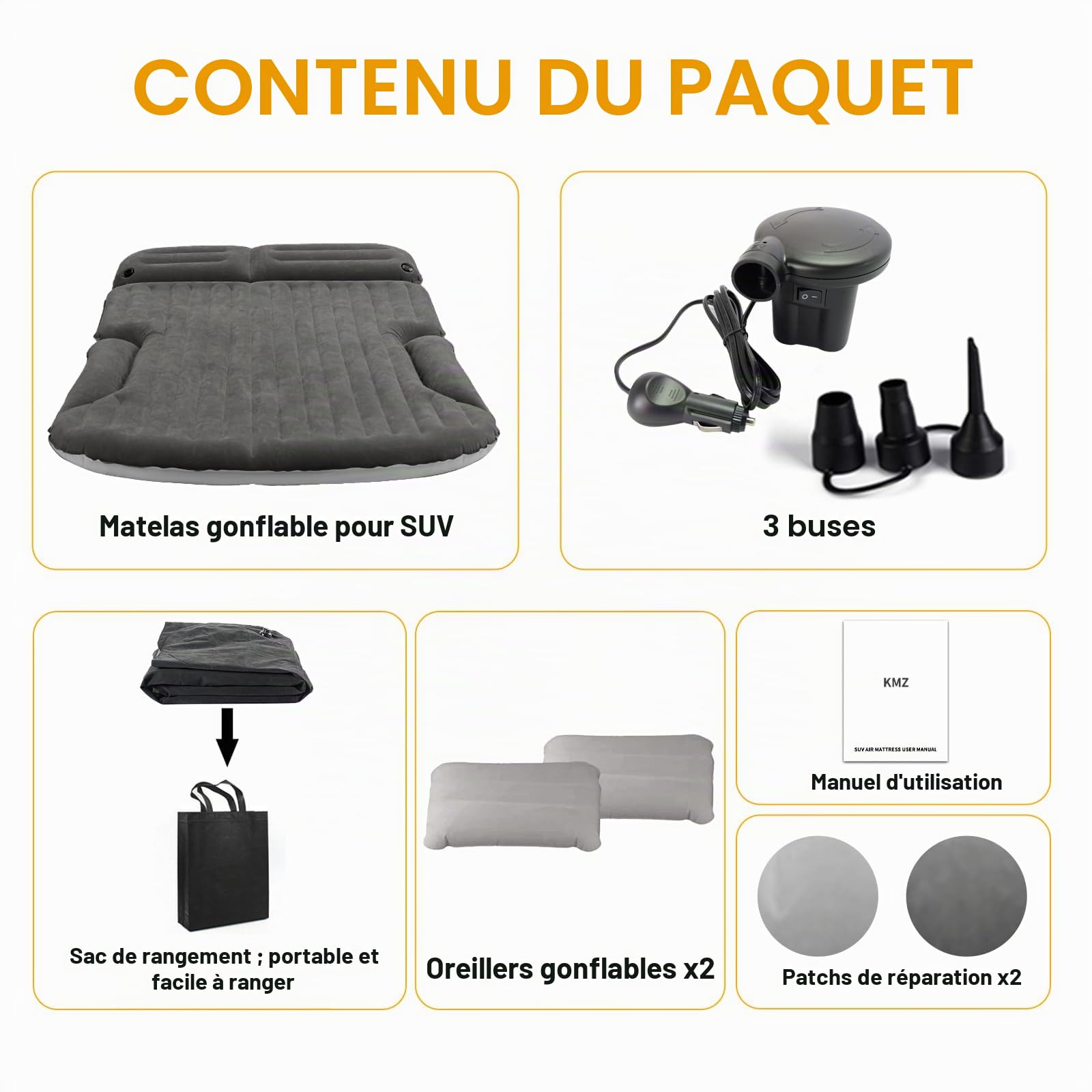 KMZ Matelas gonflable pour SUV épais et double face floqué avec 2 oreillers et pompe électrique Coussin mobile dédié pour coffre de SUV et siège arrière (gris foncé)