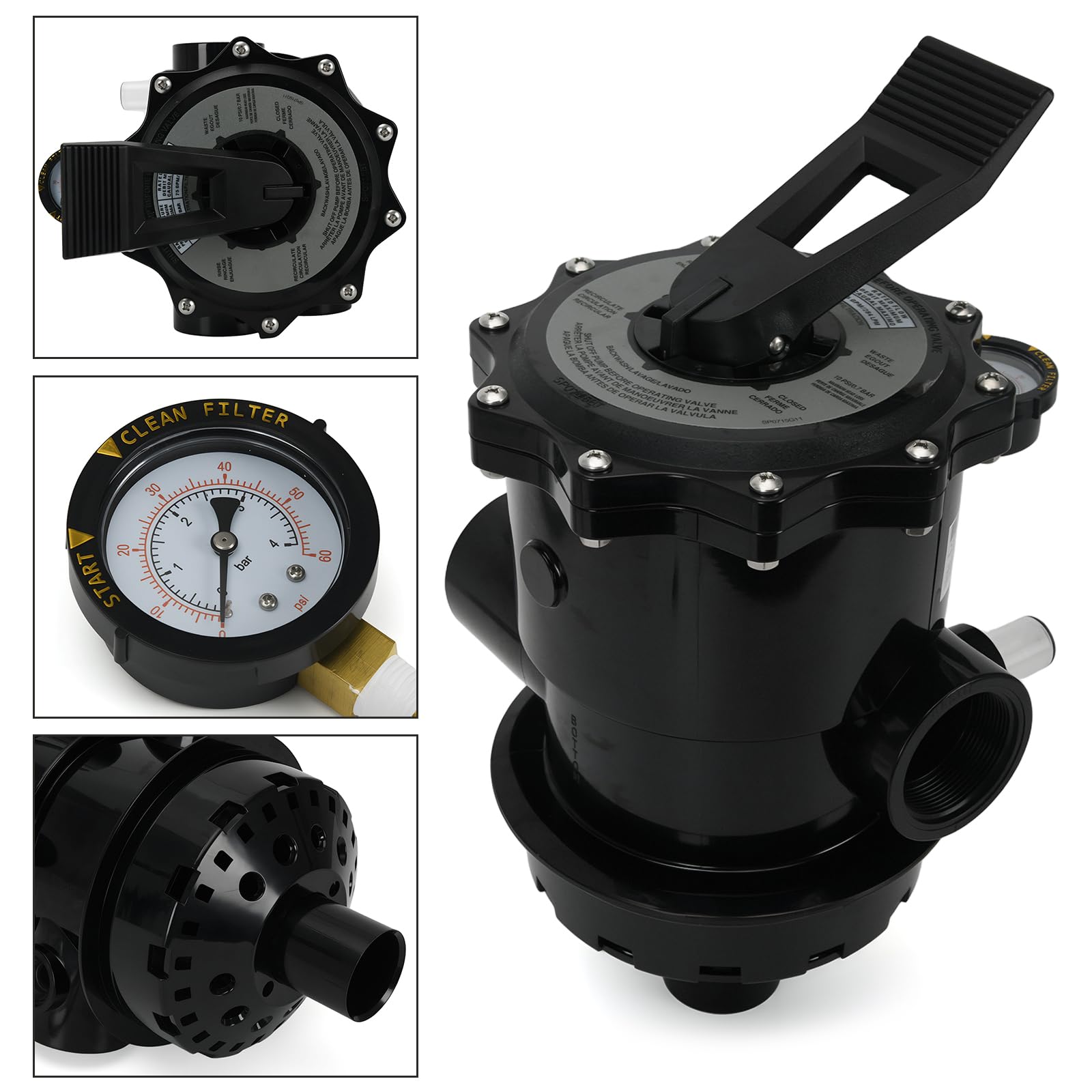 SP071620T Vanne de commande multiport de rechange pour filtre à sable Hayward Pro Series S270T2 S310T2 S360T2, Vari-Flo Top Mount 5,1 cm avec pince