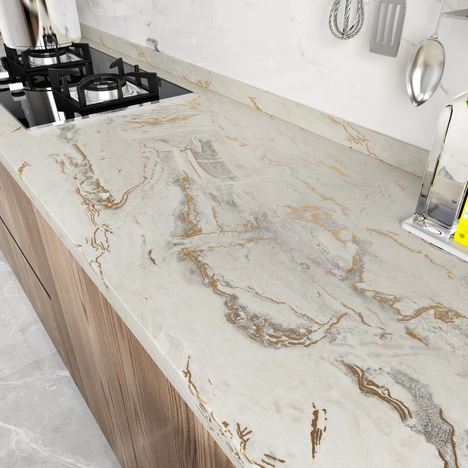 Mangoloo Beige Gold Liquid Marble Contact Paper for Countertops Waterproof Peel and Stick Countertops Matte Marble Wallpaper for Kitchen Backsplash