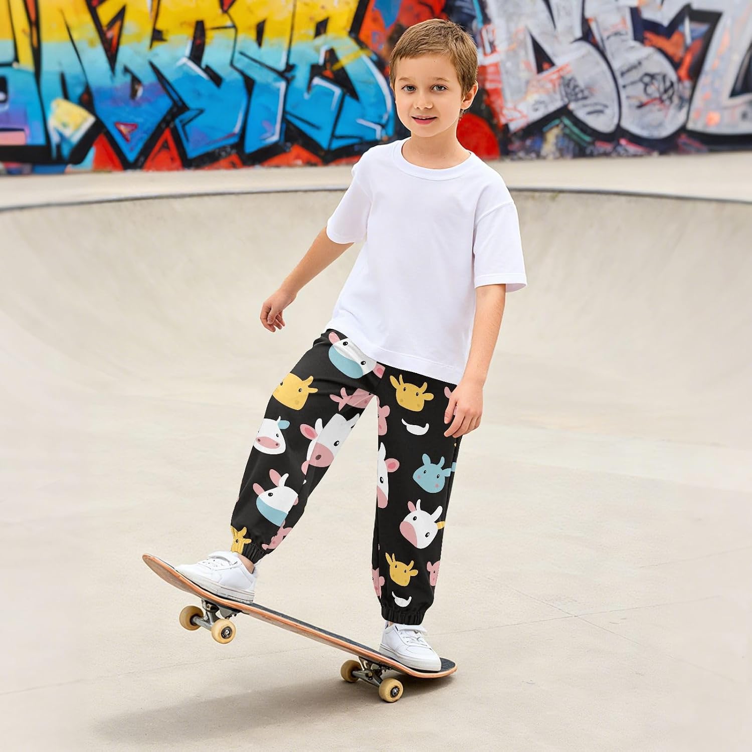 Boy Sweatpants Animal Cartoon Cow Joggers Casual Athletic Pants Kids Elastic Waist Cuffed with Pockets