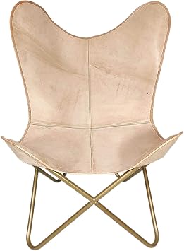 Vintage Leather Butterfly Chair | Leather Handmade Chair for Lounge Accent Outdoor and Indoor Home Decor | Relax Arm Chairs Beige,Fold-able Stand