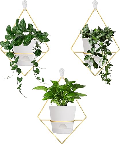 3 juegos de macetas de pared para plantas de interior, maceta colgante de pared con soporte de metal dorado, macetas geométricas de pared con riego