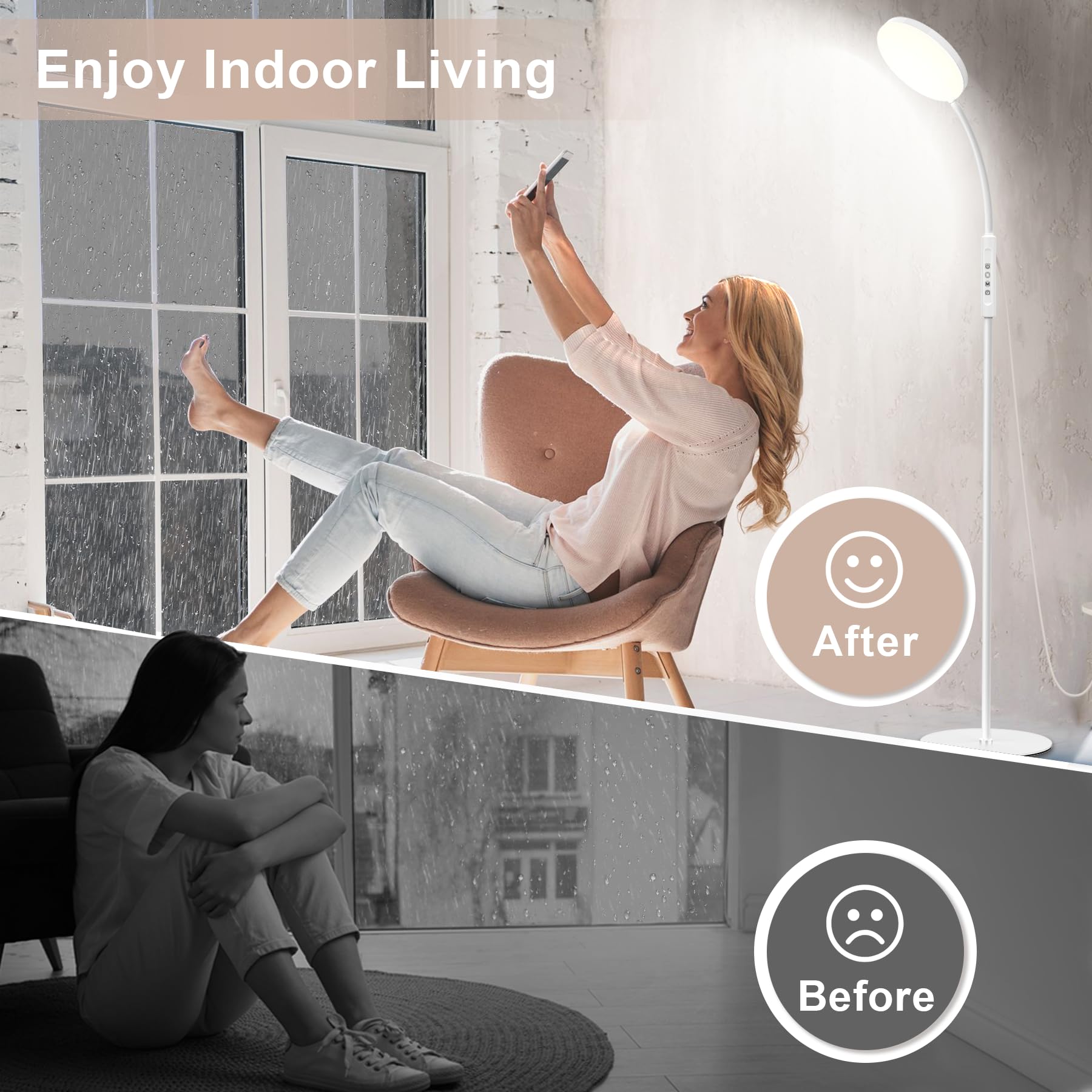 Mojimdo vloerlamp 20000 lux daglichtlamp - Flexibele, dimbare LED-lichttherapielamp met 5 kleuren, 10 helderheidsniveaus en timer - Ideaal voor slaapkamer, woonkamer en kantoor