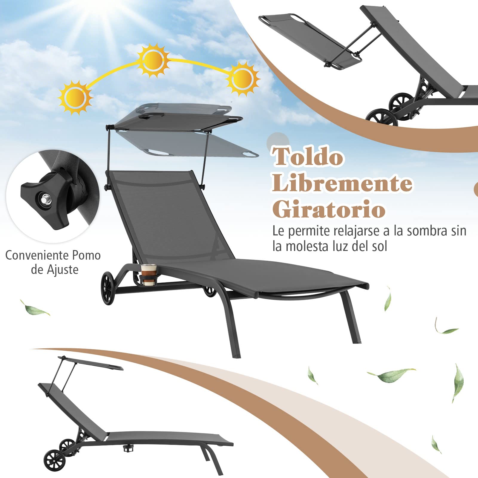 COSTWAY Tumbona Jardin Reclinable 6 Niveles, 2 Ruedas, Tumbona Playa Parasol Ajustable y Portavasos, 191 x 61 x 96cm, Carga 150kg, ExteriorTerraza Balcón Piscina (Gris,2)