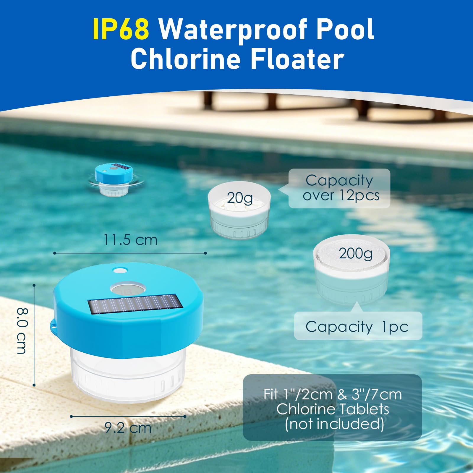 Pool Thermometer Solar Pool Thermometer mit Dosierschwimmer Pool, Digitalanzeige, 600mAh Akku (72H), – für Schwimmbäder, Spas und Whirlpools