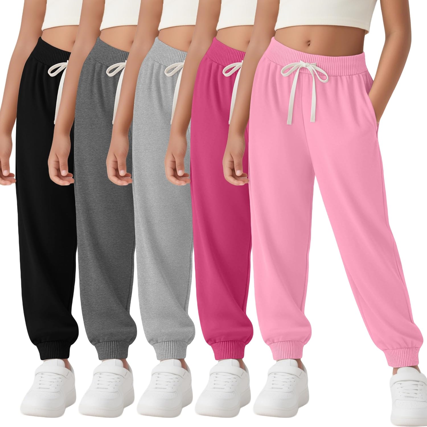 5 Pack Girls Sweatpants Wide Leg Athletic Lightweight Drawstring Jogger Spring Baggy Kids Sweat Pants with Pockets