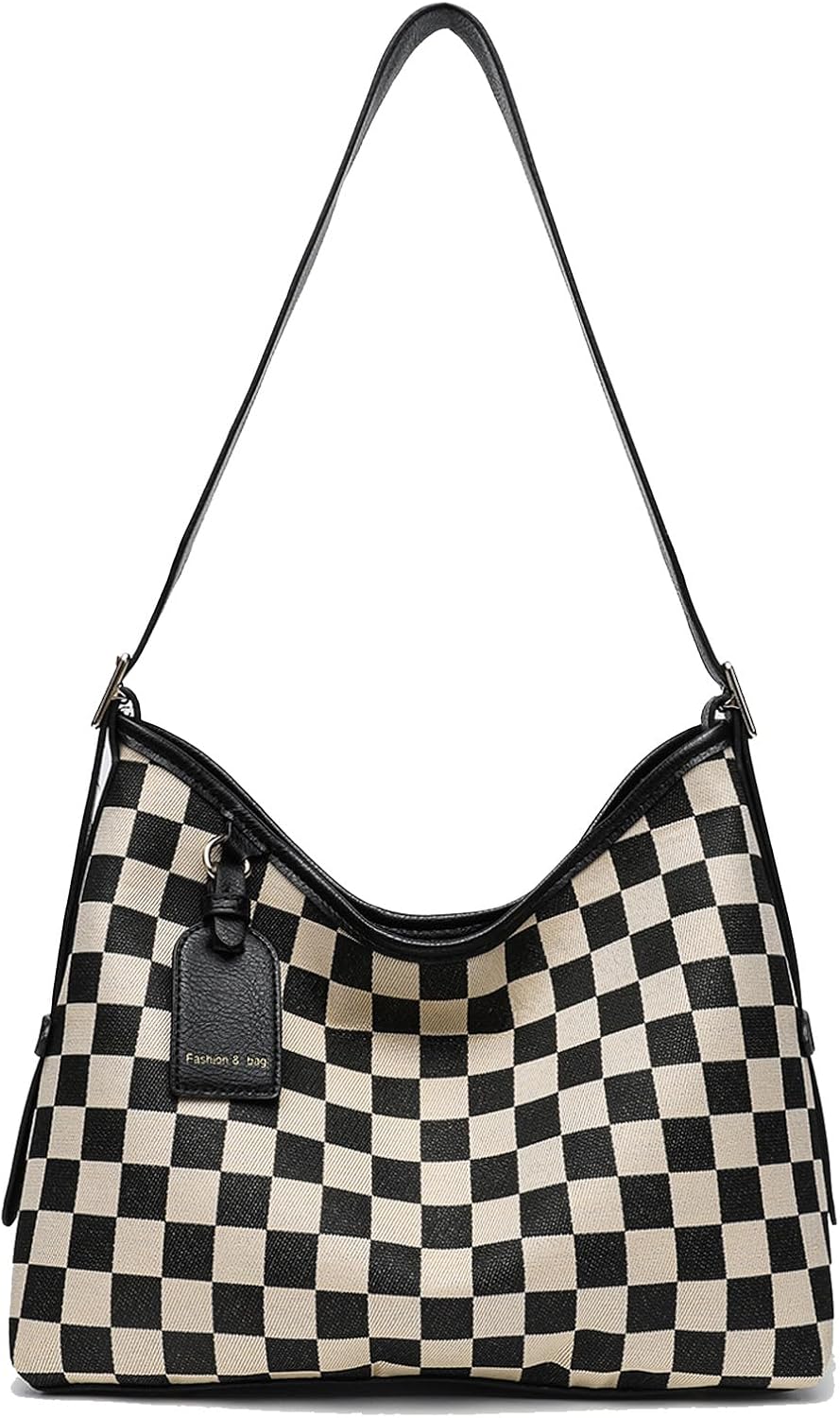 Checkered Purses Hobo Bags for Women Checkered Shoulder Bag Fashion Canvas Tote Slouchy Bag