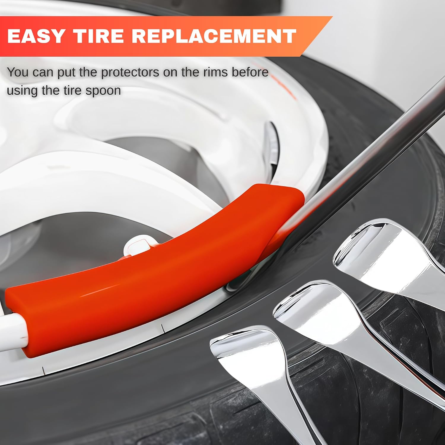 14.5” Steel Tire Spoons Tool Set - Tire Removal Tool, Motorcycle Tire Changer, Tire Changing Kit with 3 Piece Tire Spoons and Rim Protector, 6 Piece Valve Cores, Dirt Bike Tire Changing Kit