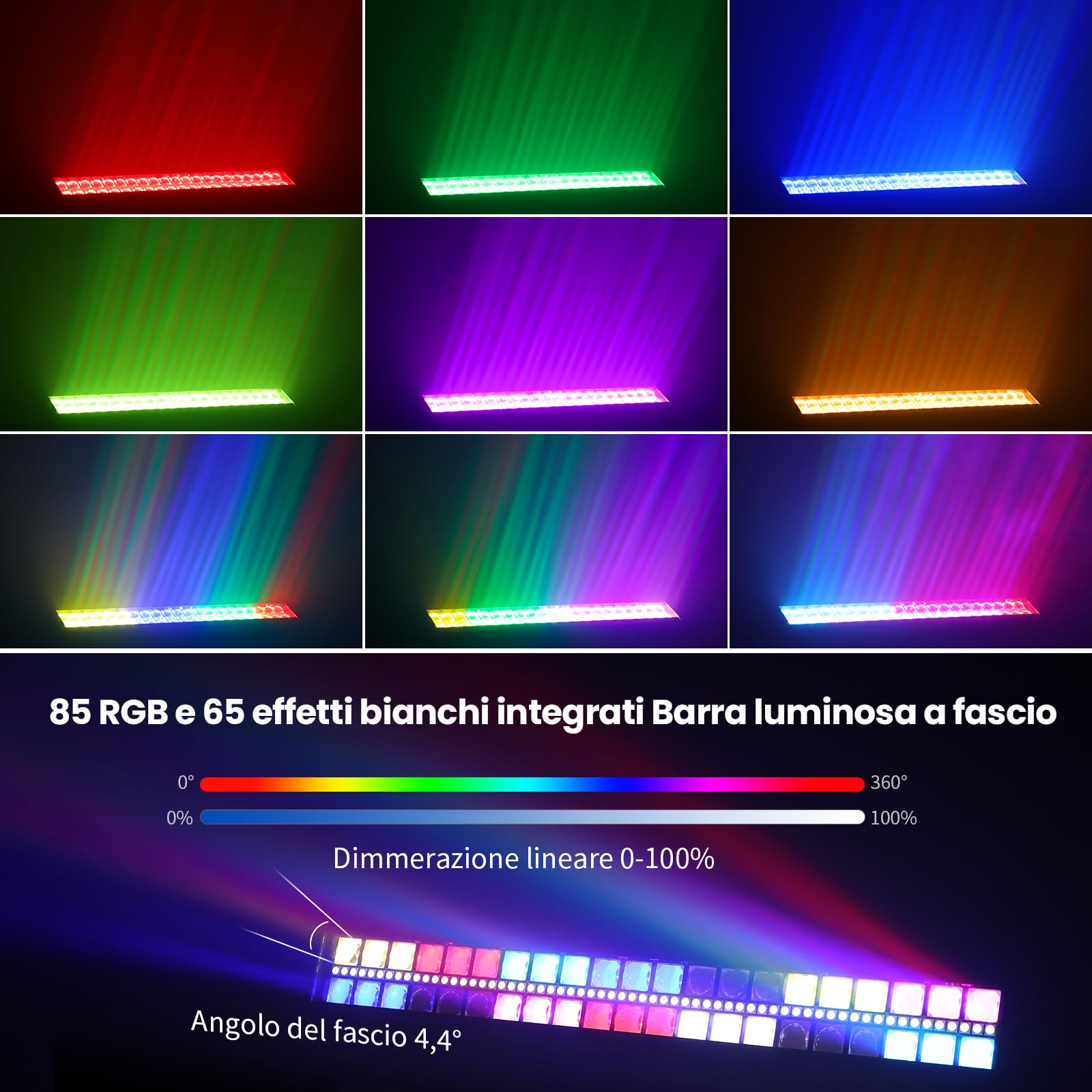 BETOPPER Barra Luce LED 105W RGBW, PAR LED DJ con DMX512, Controllo Audio, Effetti Beam/Wash/Strobe e Mappatura Pixel per Illuminazione Stage, Club, Concerti ed Eventi