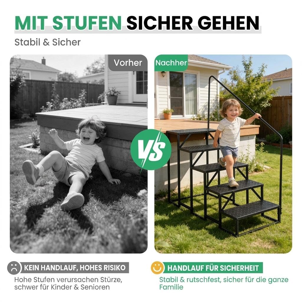GarveeTech Sichere Wohnmobil-Treppe – rutschfest, 300 kg Tragkraft, robuster Stahl – Breite Stufen, tragbar für Wohnwagen, Bad, Pool, Haustiere – Gelb/Schwarz – 5-stufig mit Einhand-Handlauf, Tape
